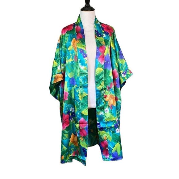 Vintage Morgan Taylor Bold Satin Kimono Robe Open Front floral - Picture 1 of 9